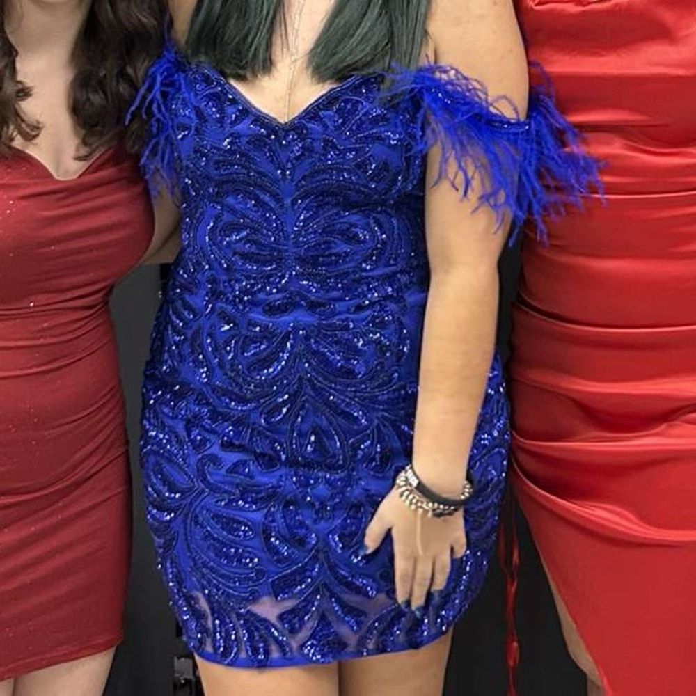 Primavera Blue Off the Shoulder Feathered Homecoming/Prom Dress